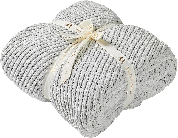 Amélie Home Chevron Chenille Knit Throw Blanket for Couch, Cozy Texture Decorative Soft Blanket for Sofa & Chair, 60"x80", Light Grey