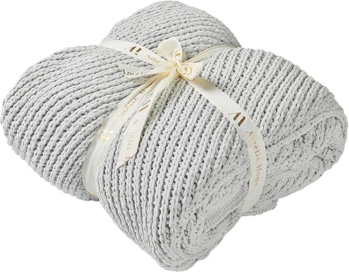 Amélie Home Chevron Chenille Knit Throw Blanket for Couch, Cozy Texture Decorative Soft Blanket for Sofa & Chair, 60"x80", Light Grey