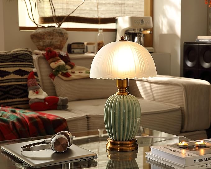 Vintage Table Lamp for Living Room,16" Mid Century Modern Ceramic Lamps for Bedroom,Retro Bedside Nightstand Mushroom Glass Lamps, Classic Chinoiserie Green Lamp for Home Decor (LD003)