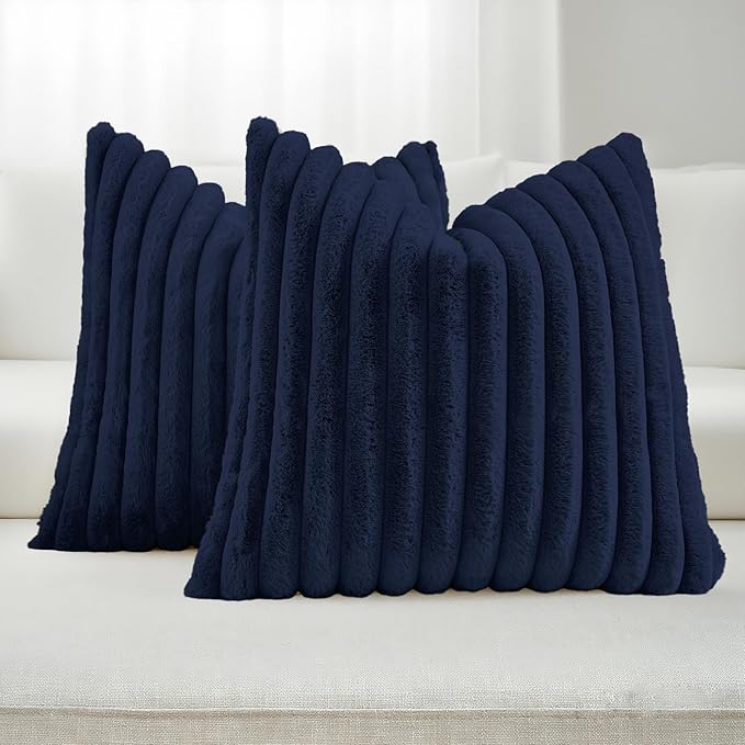FUTEI Dark Navy Decorative Throw Pillow Covers Set of 2, 16x16 Inch Soft Fluffy Faux Fur Plush Striped Cushion Cases, Modern Home Decor for Couch Bed Living Room