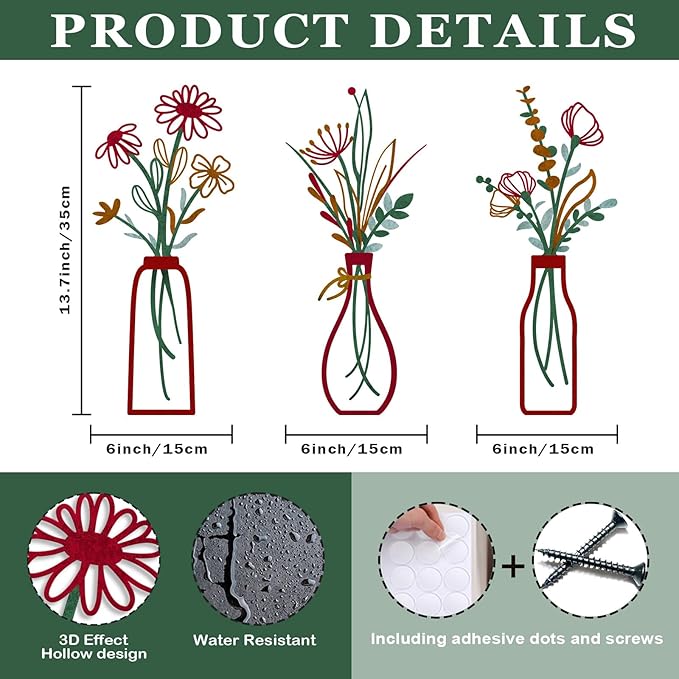 3 Pieces Metal Vase Flowers Wall Arts - Rustic Farmhouse Style Décor Metal Wall Art Black Minimalist Flower Natural Themed Wall Decors for Home Bedroom Dining Room Housewarming (Red, Vase-C)