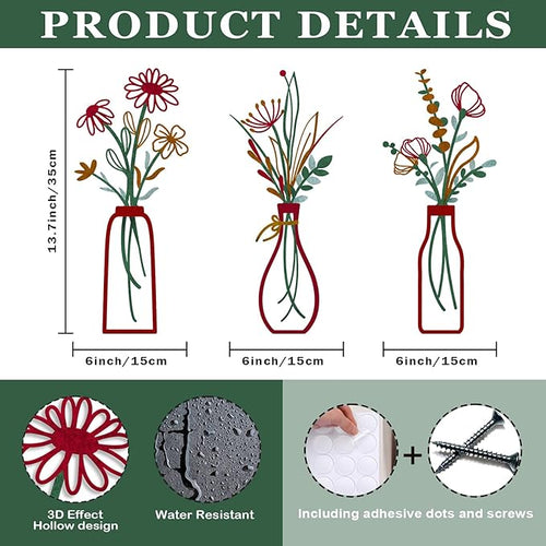3 Pieces Metal Vase Flowers Wall Arts - Rustic Farmhouse Style Décor Metal Wall Art Black Minimalist Flower Natural Themed Wall Decors for Home Bedroom Dining Room Housewarming (Red, Vase-C)