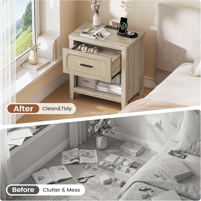 Rattan Nightstand with Charging Station, 22'' Wide Bedside Table with Drawer & Open Shelf, Boho Night Stand End Side Table with Storage for Bedroom, Grey Oak