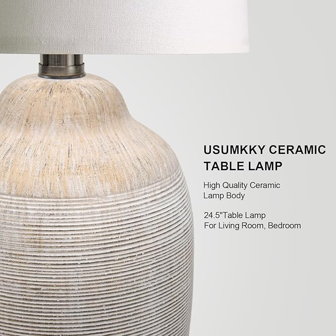 24 inch Vintage Ceramic Table Lamp with 5FT Cord - Single Farmhouse Rustic Bedside Lamp with Natural Textured Finish, Nightstand Lamps for Living Room, Bedroom, End Table Beige