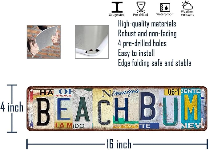 Beach Wall Decor Beachy Room Sign Beach Decorations For Home Skateboard Wall Art Vintage Surf Metal Tin Signs Coastal Summer Bedroom Decor Aesthetic Beach Bum Blvd Signs Coastal Themed Gifts 4x16 Inch