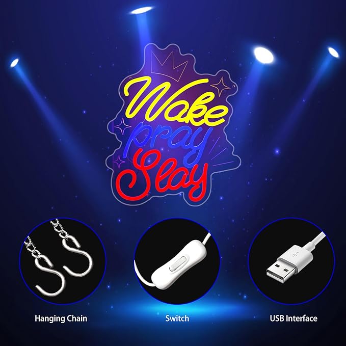 Wake Pray Slay Neon Sign, Neon Signs for Wall Decor Neon LED Signs Room Neon Light Up Signs Home Decor for Bedroom Club Party Bar Shop USB Operated
