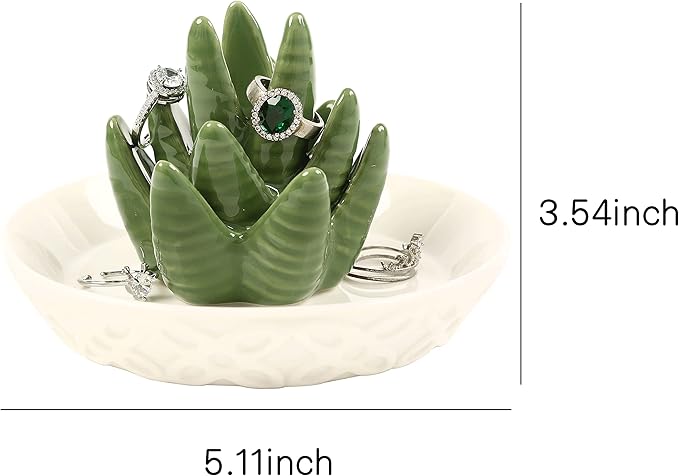 HOME SMILE Ceramic Aloe Ring Holder,Cactus Dish Dish for Jewelry,Christmas Birthday Gifts for Women