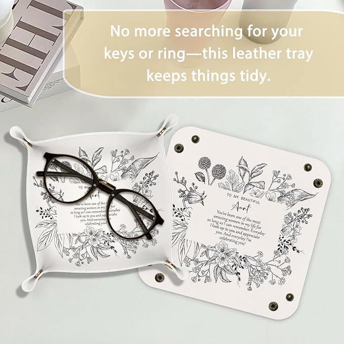 Aunt Gifts Leather Jewelry Valet Tray, Best Aunt Gifts for Christmas from Nephew Niece PU Leather Catchall Beside Caddy Nightstand Organizer Tray for Jewelry Rings Watches Keys, 7.8x7.8inch