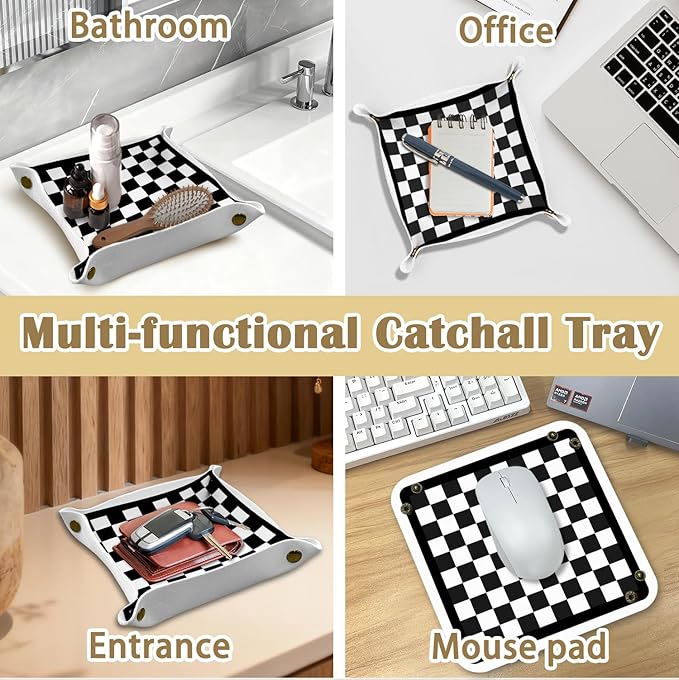 Black and White Checkered Jewelry Valet Tray for Men, Checkered PU Leather Catchall Beside Caddy Nightstand Organizer Tray for Jewelry Rings Watches and Accessories, 7.87x7.87in
