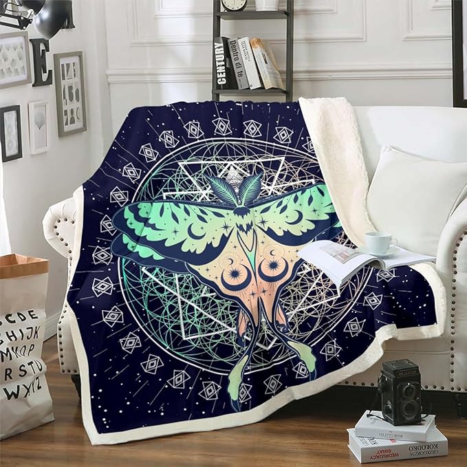 Fantasy Fleece Blanket - Hawk Moth Luna Sacred Starry Sky Gradient Green Orange Throw, Decorative Sofa Sherpa, Baby 30"x40", Blue