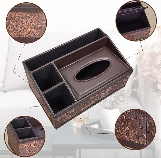 Marte Vanci Leather Tissue Box Cover Rectangular Multifunctional Tissue Holder with Remote Control Caddy Dryer Sheet Dispenser Facial Napkin Organizer for Desk Bedside Table Nightstand Vanity (Retro)