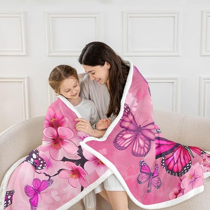 Purple Butterfly Sherpa Blanket - Pink Floral Spring Cherry Blossom Fleece Throw for Kids, Girls, Women - Fairy Fantasy Garden Theme Fuzzy Blanket for Bedroom, Sofa Decor - Baby 30"x40"