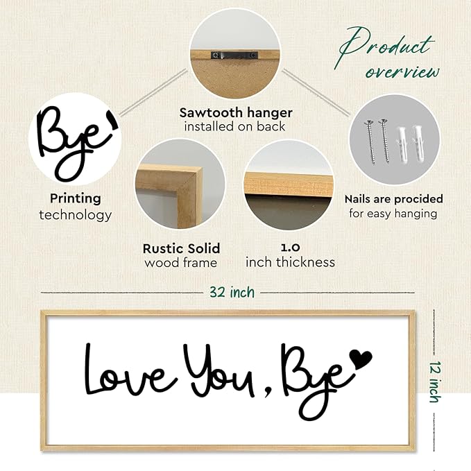 YWJKWLGS Farmhouse Wall Art Decor - Oversized 32x12 Inch Love You, Bye Door Sign for Entryway & Mudroom | Premium Wood Framed, The Last Thing They See Before Leaving Home (Rustic Wood)