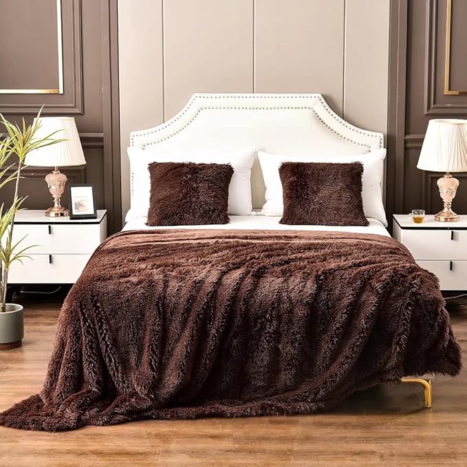 YUSOKI Brown King Faux Fur Winter Blanket,2 Layers,90"x104",Without Pillows Big Soft Plush Fuzzy Large Warm Fluffy Blanket for Bed