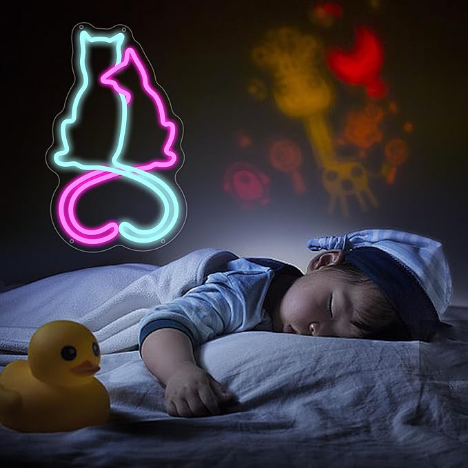 Two Cat Neon Signs for Wall Decor, Love Cat Neon Lights Signs for Room Decor, Cute Led Light Up Sign with USB Powered for Girls, Bedroom, Home Decoration