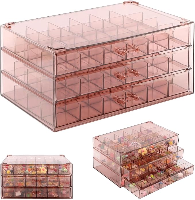Jewelry Organizer, Earring Holder Organizer Box with 3 Layers, 72 Grids Earring Case, Jewelry Box for Girls, Craft Storage Containers for Nail Charms, Ring, Earrings(Tan)