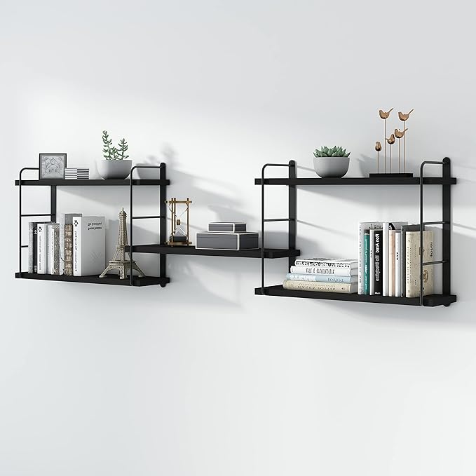 Wall Shelves, Wall Mounted Bookshelves, DIY Floating Shelves for Wall, Wood Hanging Book Shelves for Room, Bedroom, Living Room, Easy Installation (Black, 50W x 17H)