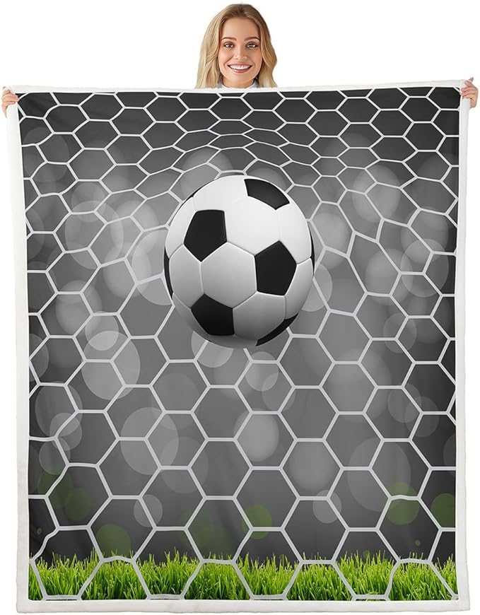 Soccer Sherpa Football Field Goal Blanket Throw - Summer Sports Games Fleece Blanket - Fantasy Bubble Fuzzy - Green White - 60"x80" - Kids Girls Teens Twin - Child Room Decor