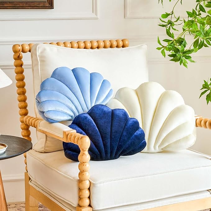 Lfsaaj Navy Blue Seashell Throw Pillows, Shell Shaped Throw Pillows, 13 Inch Soft Velvet Home Decorative Pillow Plush Cushion for Bed Couch Living Sofa Room Decor Accent Throw Pillow