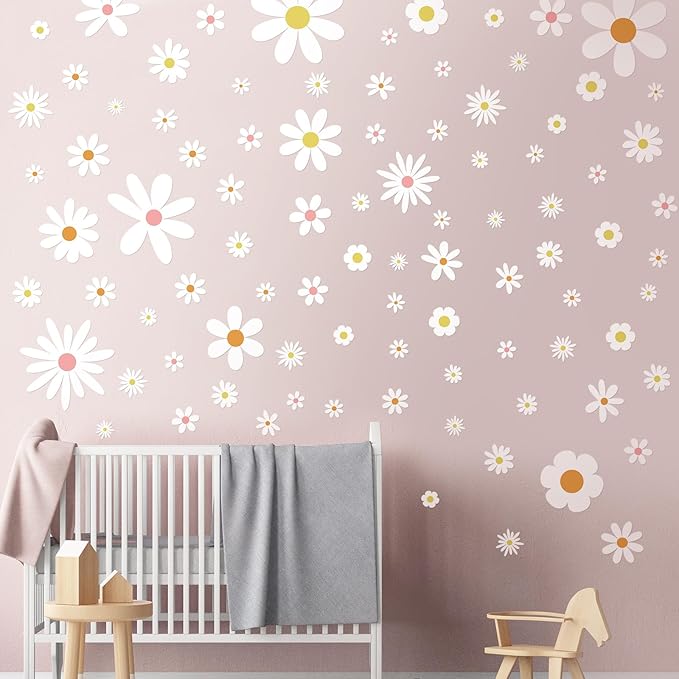 Kisston 90 Pcs Daisy Wall Decal Alphabet Vinyl Wall Decals Boho Decal Daisy Stickers Boho Groovy Floral Stickers for Nursery Art Bedroom Classroom(White)