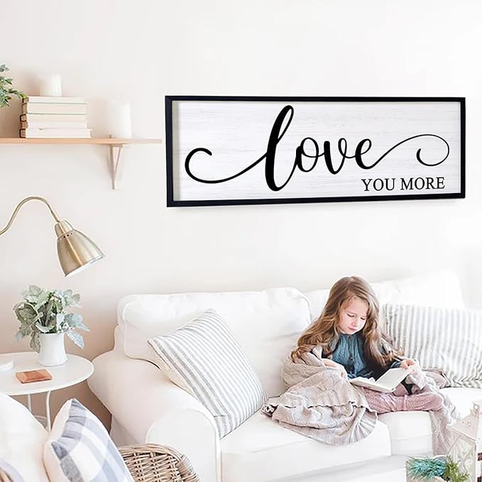Love You More Decorative Rustic Sign & Plaque Framed Wall Art for Couples, 40''×15'' Vintage Cottagecore Wooden Horizontal Love Quote Home Decor Above Bed for Living Room, Farmhouse Wedding Gift