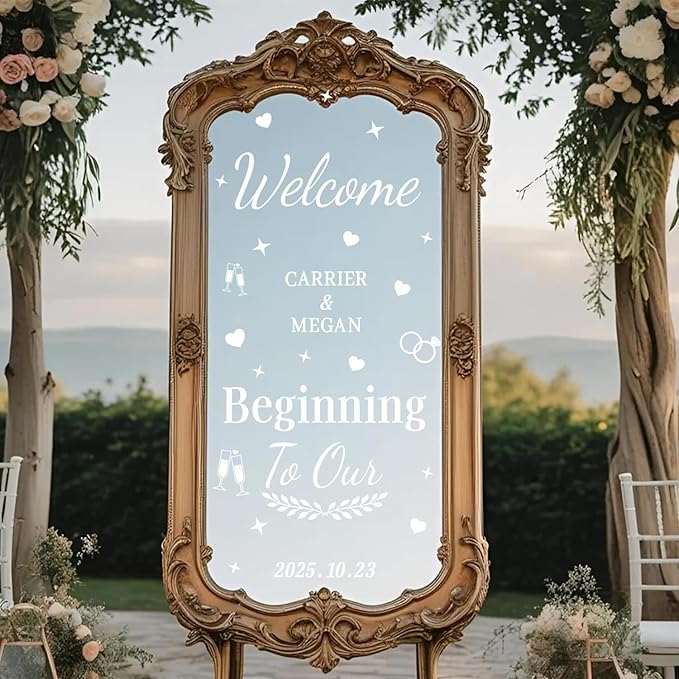 HLNIUC Welcome To Our Beginning Mirror Stickers Double-Sized,Removable Letters Number Wall Decal,Bride And Groom Names Decals,Personalized Wedding Mirror Sticker for Window Sign Marriage Decoration