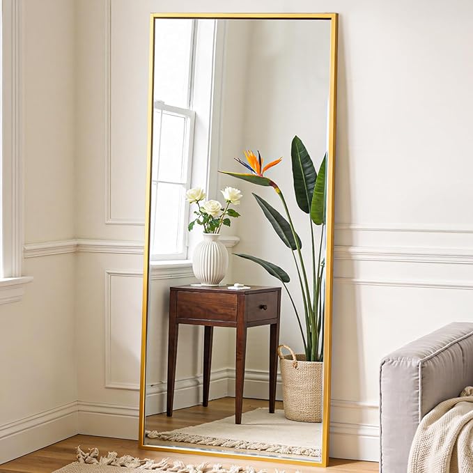 NEWBULIG Full Length Mirror 64.2"x21" for Bedroom, Full Body Mirror with Stand, Hanging or Leaning for Wall, Aluminum Alloy Thin Frame Floor Standing for Living Room, Long, Gold