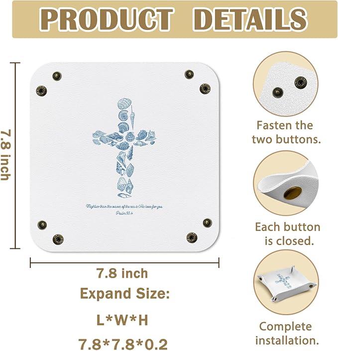 Christian Gifts Jewelry Valet Tray for Women, Coastal Beach Seashell Cross Bible Verse PU Leather Catchall Beside Caddy Nightstand Organizer Tray for Jewelry Rings Watches Keys, 7.87x7.87in