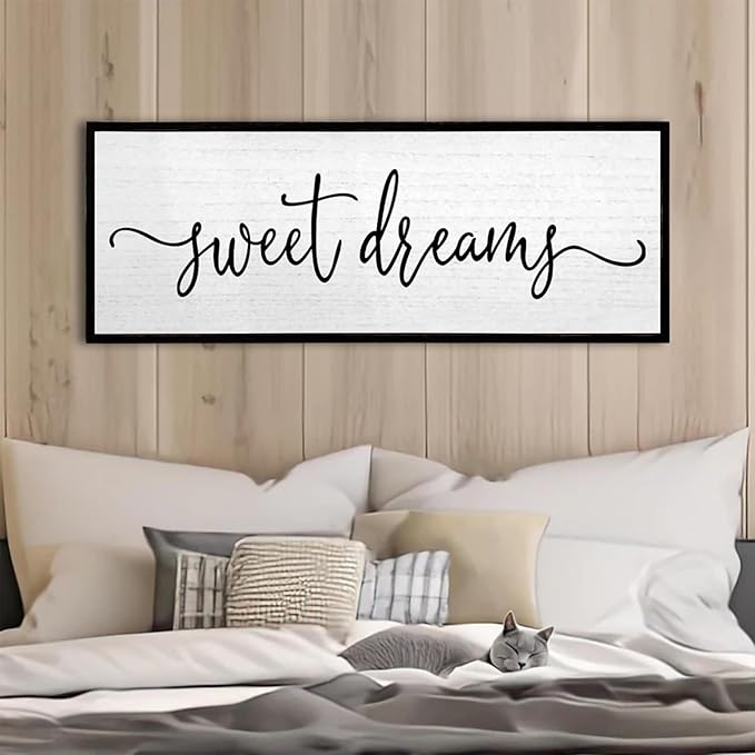 Sweet Dreams Wall Decor Above Bed Sign 24''×10'' Large Wood Framed Master Bedroom Guest Room Sweet Dreams Signs Farmhouse Rustic Wall Art Decoration (Black)