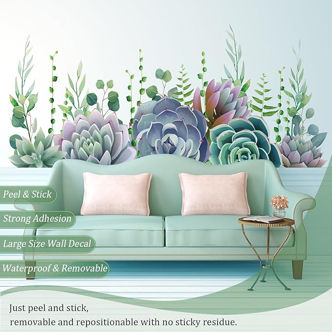 Succulent Plants Leaves Wall Decals Peel and Stick, Large Flowers Vinyl Wall Stickers, Removable Hanging Floral Home Decor Art for Bedroom Living Room Classroom Office