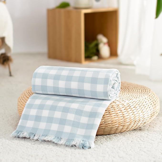 100% Cotton Throw Blanket Plaid Soft Lightweight Cozy Farmhouse Tassels Summer Thin Breathable Throws for Couch Sofa Bed (60" × 80" Blue)