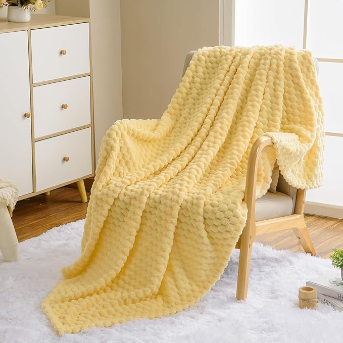 Vessia Flannel Fleece King Size Bed Blanket(108x90 inch), 3D Jacquard Light Yellow Fuzzy and Warm Blanket for Adults, 300GSM Super Soft Touch Cozy Lightweight Bed Decor for All-Season