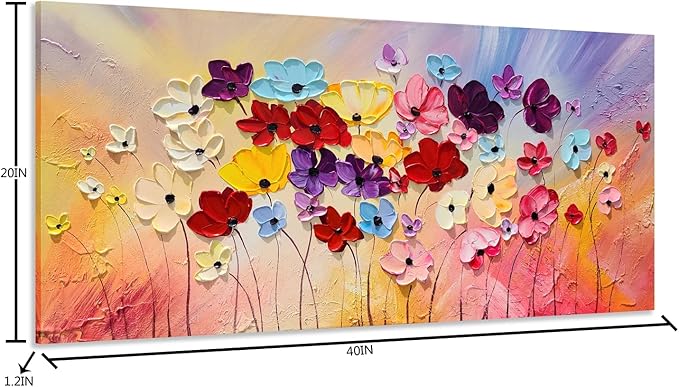 SYGALLERIER Colorful Floral Canvas Wall Art Hand Painted 3D Flower Artwork Frameds Modern Abstract Landscape Painting Textured Flower Pictures for Living Room Bedroom Bathroom Decor