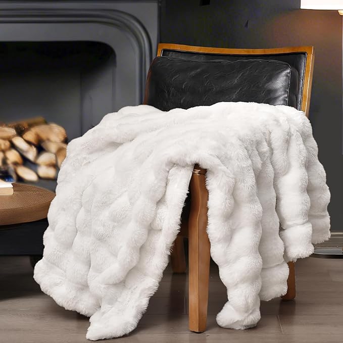 PHF Luxury Faux Rabbit Fur Blanket Twin Size, Ultra Soft Fluffy Plush Cozy Warm Bubble Blanket for Bed, Couch, Chair, Sofa Decorative, Thick Reversible Suitable for Fall & Winter, 60" x 80", White