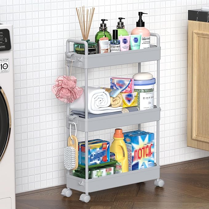 SOLEJAZZ Slim Rolling Storage Cart with Wheels 3 Tier Skinny Bathroom Storage Organizer Thin Laundry Room Utility Cart Space-Saving for Bedside Kitchen Office Small Narrow Places, Gray