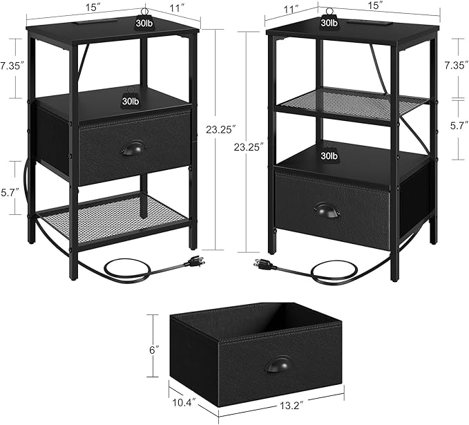 Nightstands Set of 2, LED Night Stands with Charging Station and Fabric Drawer, Bedside Tables with Drawers, 2- Tier LED Side Tables End Table Charging Station Livingroom Bedroom, Black