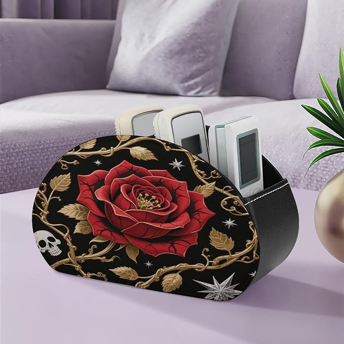 Peel And Stick Gothic Remote Control Holder Organizer Box with 5 Compartment PU Leather Bedside Storage Caddy Remote Organizer for Controller Media Player Pen/Pencil Storage