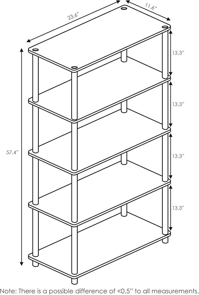Furinno TURN-N-TUBE Storage Shelves, 5-Tier Book Shelf, Corner Shelf, Toolless Open Shelves, for Organization and Storage, Living Room, Garage, Home Office, French Oak