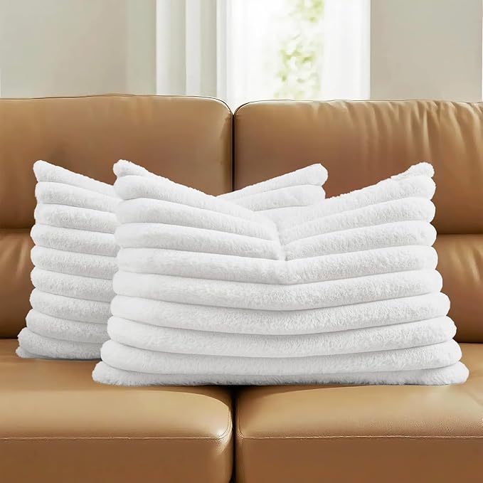 FUTEI White Decorative Throw Pillow Covers Set of 2, 12x20 Inch Soft Fluffy Faux Fur Plush Striped Lumbar Pillowcases, Modern Home Decor for Couch Bed Living Room