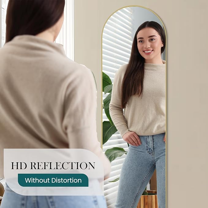NEWBULIG Arched Full Length Mirror 59.2"x16" for Bedroom, Full Body Mirror with Stand, Hanging or Leaning for Wall, Aluminum Alloy Thin Frame Floor Standing for Living Room, Tall, Gold