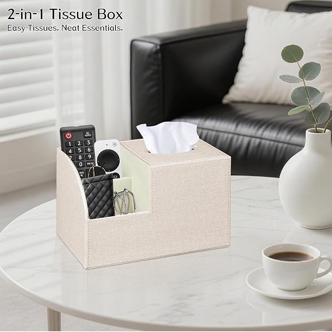 Fanousy Square Tissue Box Cover with Storage, PU Leather Cube Tissue Box Holder, Remote Control Nightstand Organizer, Modern Desk Caddy for End Table, Bathroom, Bedroom, Home, Office Decor
