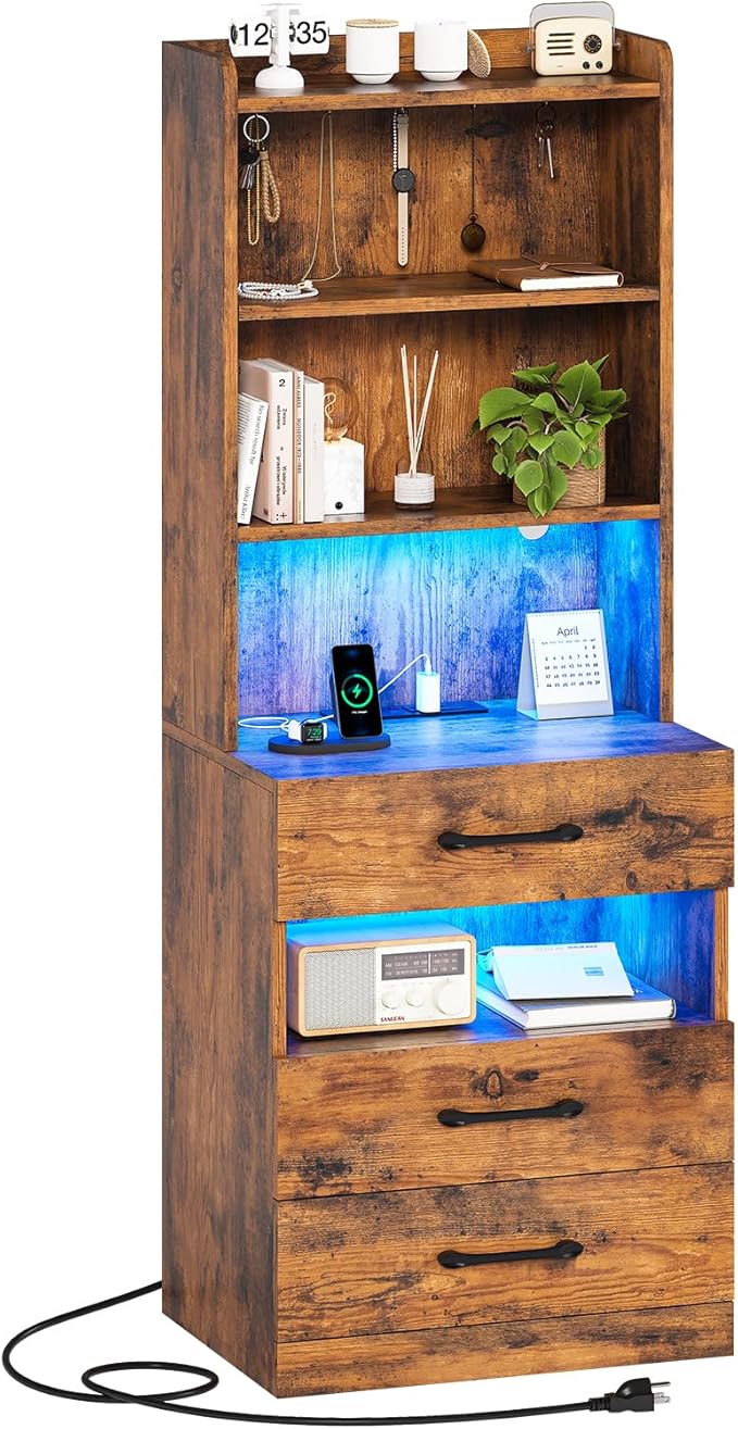 AOGLLATI Tall Nightstand with Charging Station and LED Lights, Night Stand with 3 Drawers, Rustic Brown Bedside Table with Bookshelf, Modern End Side Table for Bedroom