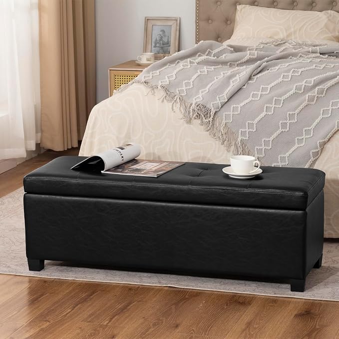 Homebeez 42" Faux Leather Storage Ottoman,End of Bed Bench,Upholstered Ottoman Bench with Storage for Living Room,Bedroom,Entryway