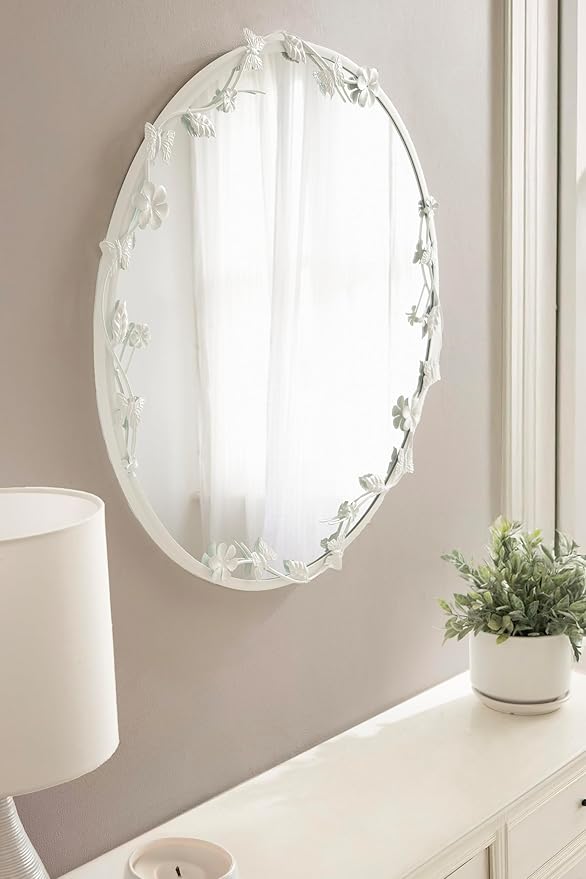 Kate and Laurel Rosella Modern Ornate Round Wall Mirror, 26 Inch Diameter, White, Circle Mirror with Floral Detailing for Use as Bathroom Mirror for Over Sink or Cute Kids Room Decor