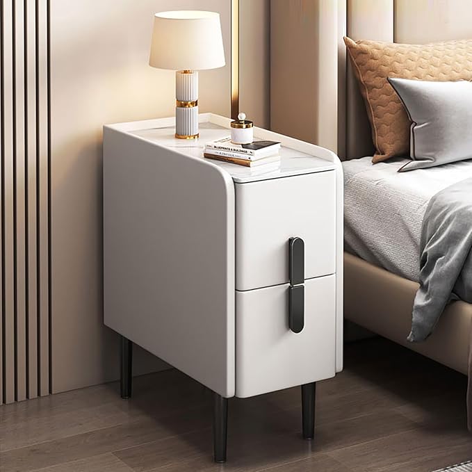 Modern Pu Leather Nightstand with Marble Tabletop, Narrow Bedside Table Luxury Side End Table with 2 Drawers & Metal Legs, Storage Cabinet for Bedrooms(40x40x50cm(16x16x20inch), White)