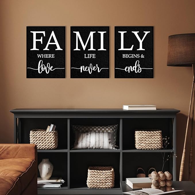 Family Where Life Begins And Love Never Ends Wall Art: 3 Piece Family Quotes Wall Art Prints Framed 12"x16",Love Signs Wall Decor Above Bed,Farmhouse Wall Decor for Living Room Dining Room