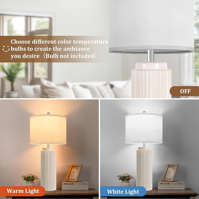 TOBUSA 28’’ Farmhouse Ceramic Table Lamps Set of 2 for Living Room, Cream Vintage Bedside Table Lamps with White Linen Shade, Rustic Nightstand Lamps for Bedroom Home Office End Table Dorm