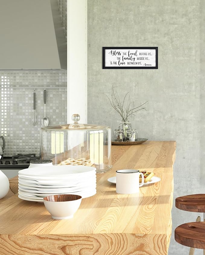 Bless the Food Before Us Wall Decor: Christian Bible Verse Wall Art Farmhouse Kitchen Dining Room Wall Decor Framed Small Plaque with Sayings - The Family Beside Us and The Love Between Us Signs