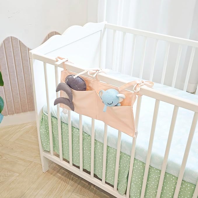 Baby Bedside Bag - 2 Pockets Crib Organizer Hanging for Crib,5 Colors Selection -Baby Toys Storage High-Capacity Baby Hanging Organizer (Apricot color)