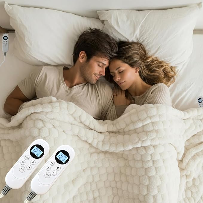 Heated Blanket Electric Blanket Heating, Dual Control Soft Ribbed Faux Fur Electric Blanket with 12 Heat Levels 12H Timer ETL FCC Certified Machine Washable (White, King | 90" x 100")